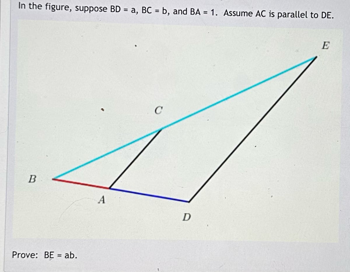 In the figure, suppose BD = a, BC= b, and BA = 1. Assume AC is parallel to DE.
B
Prove: BE = ab.
A
C
D
E