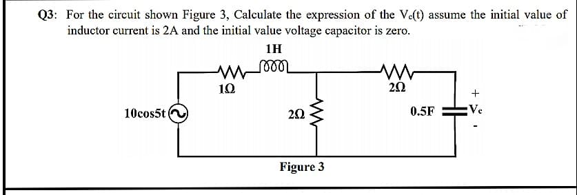 Q3: For the circuit shown Figure 3, Calculate the expression of the Ve(t) assume the initial value of
inductor current is 2A and the initial value voltage capacitor is zero.
1H
10
20
10cos5t
0.5F
Ve
Figure 3
+
