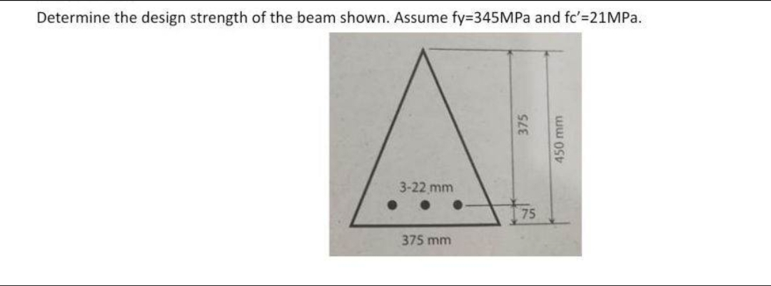Determine the design strength of the beam shown. Assume fy=345MPa and fc'=21MPa.
AT
3-22 mm
375 mm
375
75
450 mm
