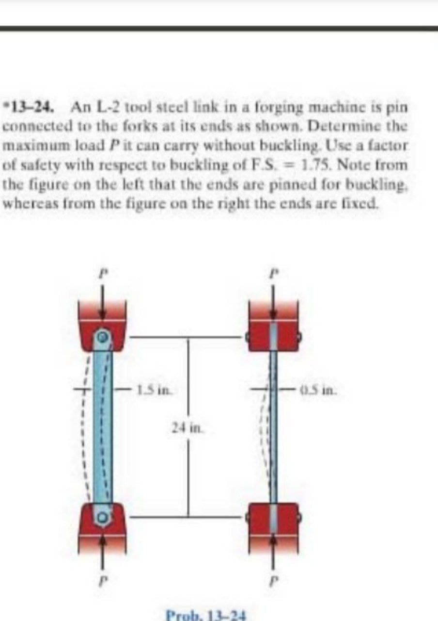 -13-24. An L-2 tool steel link in a forging machine is pin
connected to the forks at its ends as shown. Determine the
maximum load P it can carry without buckling. Use a factor
of safety with respect to buckling of F.S.= 1.75. Note from
the figure on the left that the ends are pinned for buckling.
whereas from the figure on the right the ends are fixed.
1.5 in.
0.5 in.
24 in.
Prob, 13-24