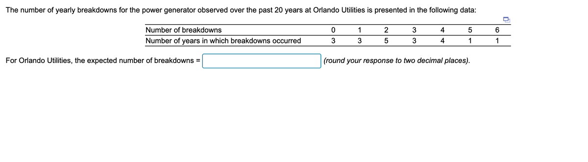 The number of yearly breakdowns for the power generator observed over the past 20 years at Orlando Utilities is presented in the following data:
Number of breakdowns
0
1
2
3
4
5
6
Number of years in which breakdowns occurred
3 3
5 3 4
1
1
For Orlando Utilities, the expected number of breakdowns =
(round your response to two decimal places).