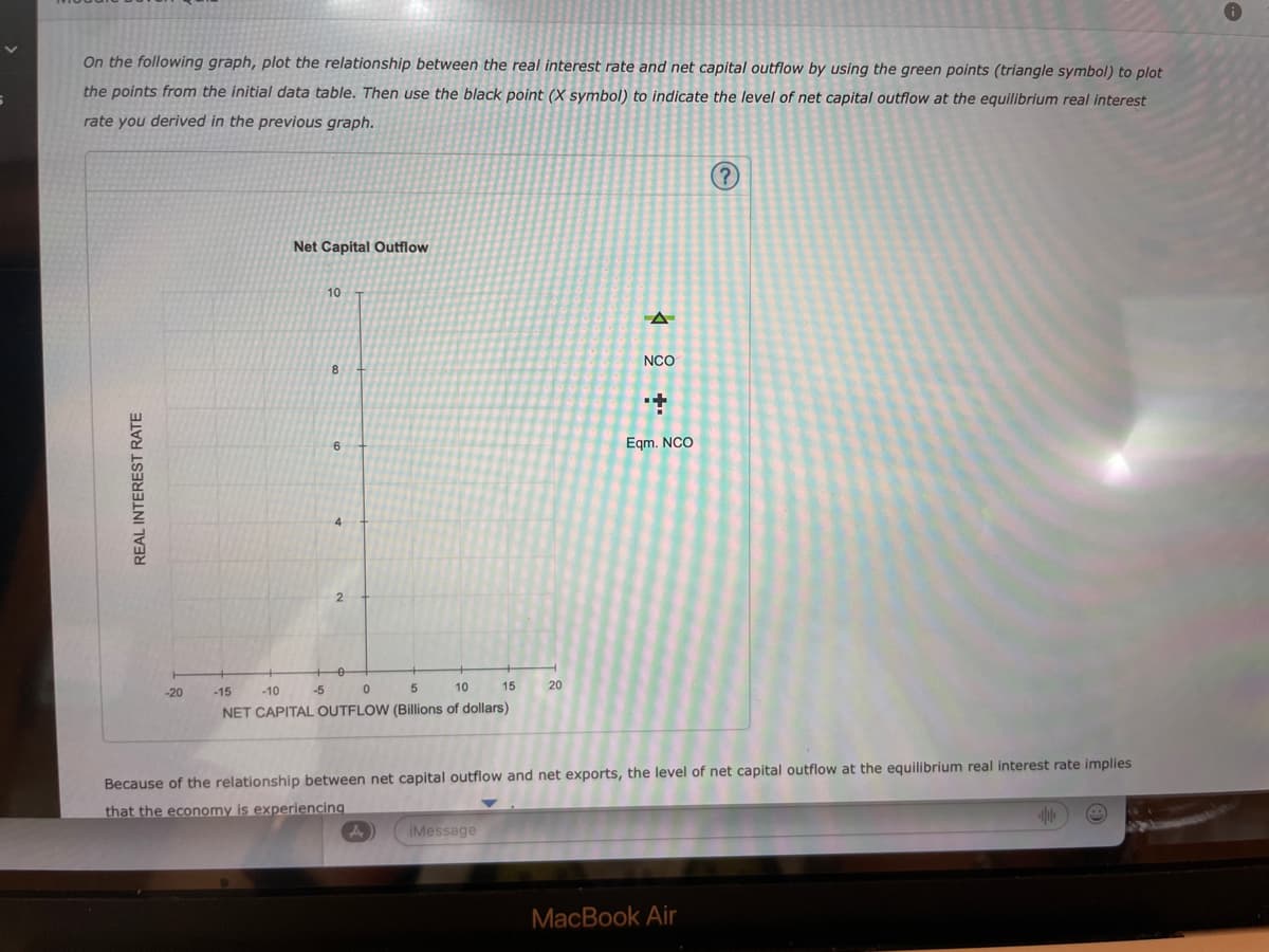 On the following graph, plot the relationship between the real interest rate and net capital outflow by using the green points (triangle symbol) to plot
the points from the initial data table. Then use the black point (X symbol) to indicate the level of net capital outflow at the equilibrium real interest
rate you derived in the previous graph.
REAL INTEREST RATE
-20
Net Capital Outflow
10
-5
8
6
-15
-10
0
5
10
NET CAPITAL OUTFLOW (Billions of dollars)
15
A
iMessage
20
A
NCO
ri
Eqm. NCO
Because of the relationship between net capital outflow and net exports, the level of net capital outflow at the equilibrium real interest rate implies
that the economy is experiencing
(?)
MacBook Air