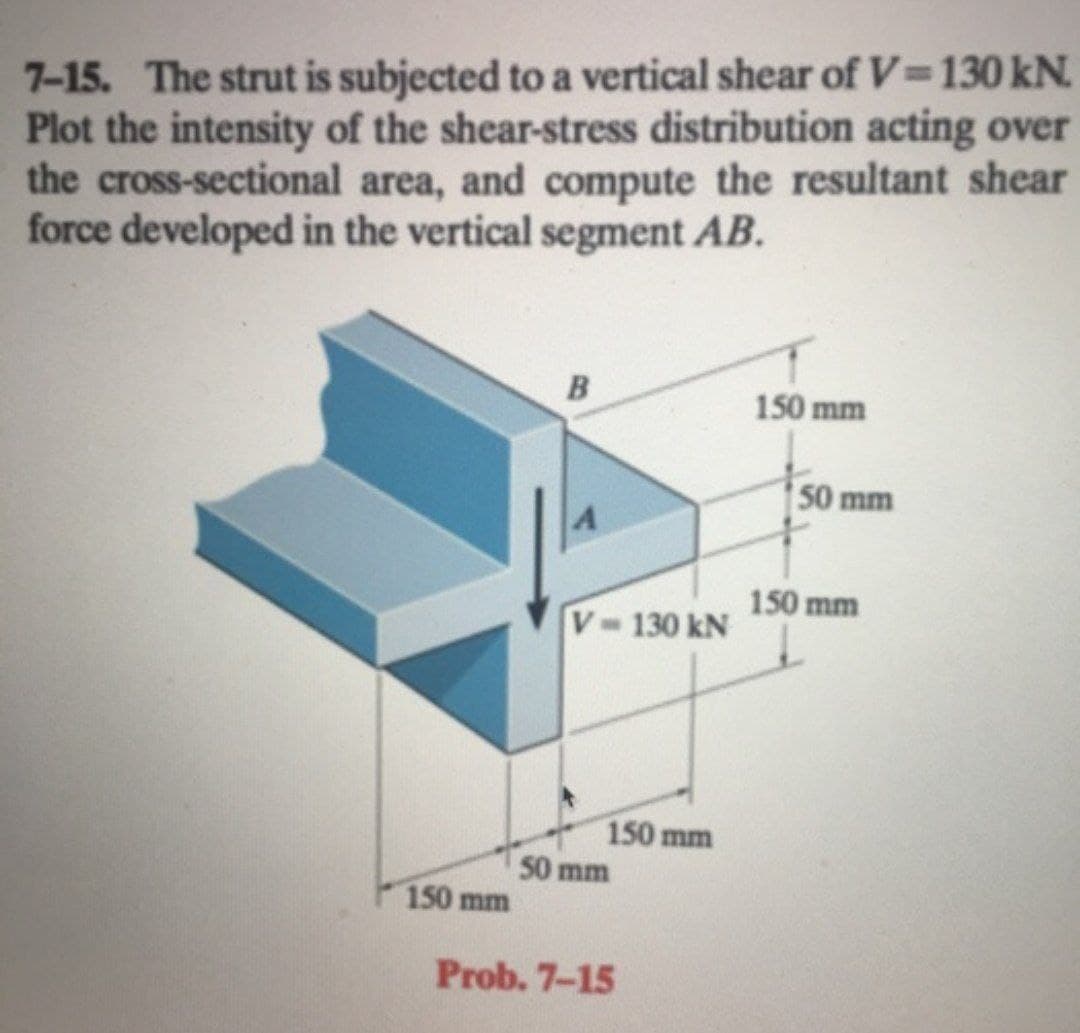 7-15. The strut is subjected to a vertical shear of V=130 kN.
Plot the intensity of the shear-stress distribution acting over
the cross-sectional area, and compute the resultant shear
force developed in the vertical segment AB.
150 mm
50 mm
150 mm
V-130 kN
150 mm
50 mm
150 mm
Prob. 7-15
