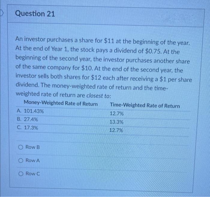 D Question 21
An investor purchases a share for $11 at the beginning of the year.
At the end of Year 1, the stock pays a dividend of $0.75. At the
beginning of the second year, the investor purchases another share
of the same company for $10. At the end of the second year, the
investor sells both shares for $12 each after receiving a $1 per share
dividend. The money-weighted rate of return and the time-
weighted rate of return are closest to:
Money-Weighted Rate of Return
Time-Weighted Rate of Return
A. 101.43%
12.7%
B. 27.4%
13.3%
C. 17.3%
12.7%
O Row B
O Row A
O Row C
