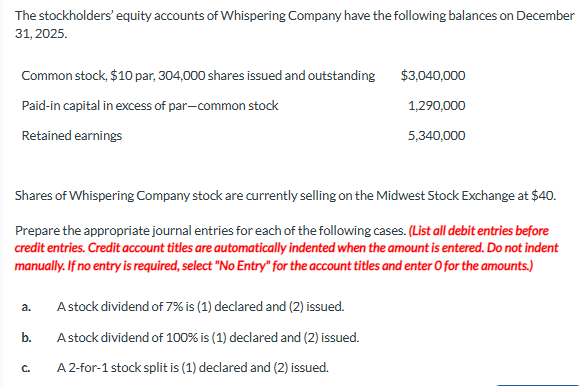 The stockholders' equity accounts of Whispering Company have the following balances on December
31, 2025.
Common stock, $10 par, 304,000 shares issued and outstanding
Paid-in capital in excess of par-common stock
Retained earnings
a.
Shares of Whispering Company stock are currently selling on the Midwest Stock Exchange at $40.
Prepare the appropriate journal entries for each of the following cases. (List all debit entries before
credit entries. Credit account titles are automatically indented when the amount is entered. Do not indent
manually. If no entry is required, select "No Entry" for the account titles and enter O for the amounts.)
b.
C.
$3,040,000
A stock dividend of 7% is (1) declared and (2) issued.
A stock dividend of 100% is (1) declared and (2) issued.
A 2-for-1 stock split is (1) declared and (2) issued.
1,290,000
5,340,000