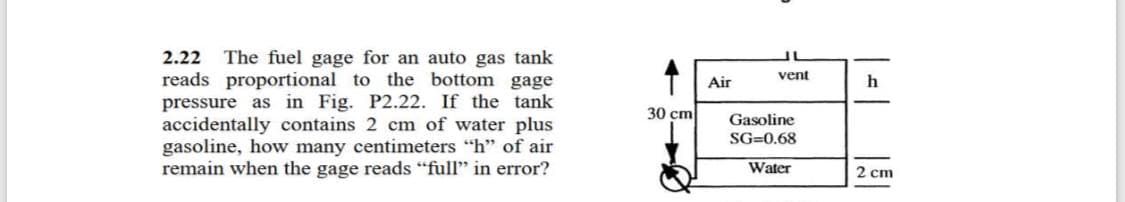 2.22
The fuel gage for an auto gas tank
reads proportional to the bottom gage
pressure as in Fig. P2.22. If the tank
accidentally contains 2 cm of water plus
gasoline, how many centimeters "h" of air
remain when the gage reads "full" in error?
Air
vent
h
30 cm
Gasoline
SG=0.68
Water
2 cm
