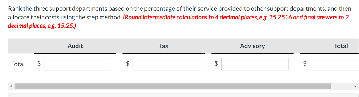 Rank the three support departments based on the percentage of their service provided to other support departments, and then
allocate their costs using the step method. (Round intermediate calculations to 4 decimal places, e.g. 15.2516 and final answers to 2
decimal places, e.g. 15.25.)
Total
Audit
LA
Tax
tA
$
Advisory
tA
Total