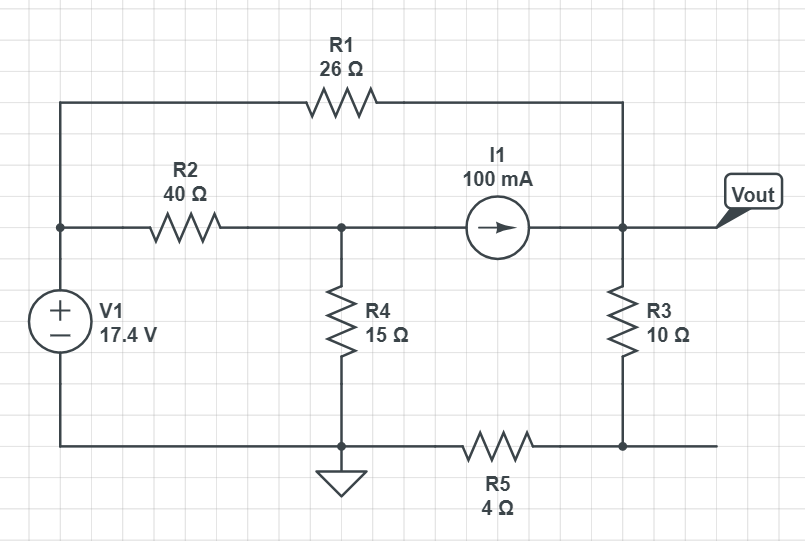 +) v1
R2
40 Ω
ww κ
17.4 V
M
R1
26 Ω
R4
15 Ω
11
100 mA
Μ Μ
R5
4Ω
ww
R3
10 Ω
Vout