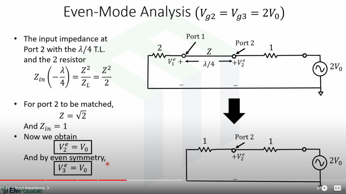 • The input impedance at
Port 2 with the 1/4 T.L.
and the 2 resistor
●
Even-Mode Analysis (Vg2 = Vg3 = 2V)
Z²
Z²
Zin (-1) - 2 - 3
=
=
ZL 2
For port 2 to be matched,
Z = √2
And Zin
1
Now we obtain
=
16:41 Input impedance >
V₂ = Vo
And by even symmetry,
V₂ = V₁
2
V₁ +
Port 1
Z
2/4
1
Port 2
+V₂
Port 2
+V₂
1
2V
2V