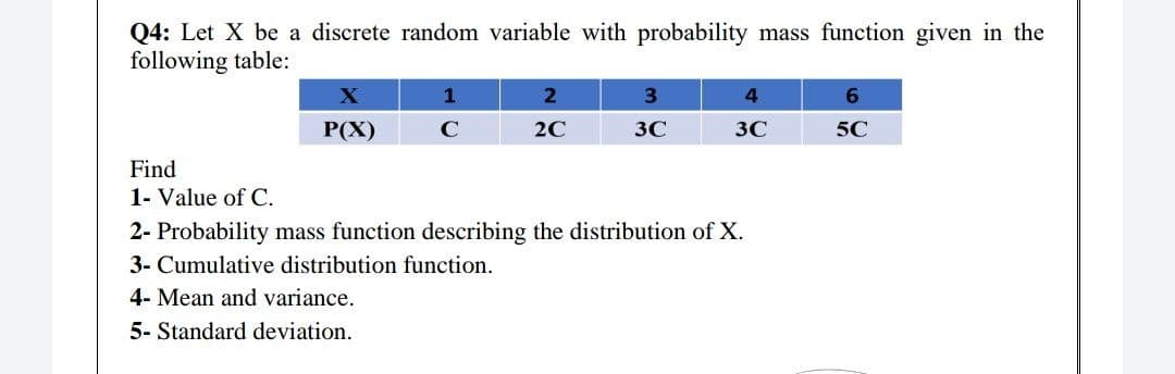 Q4: Let X be a discrete random variable with probability mass function given in the
following table:
X
1
2
3
4
6
P(X)
C
2C
3C
3C
5C
Find
1- Value of C.
2- Probability mass function describing the distribution of X.
3- Cumulative distribution function.
4- Mean and variance.
5- Standard deviation.