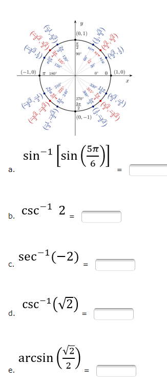 (0, 1)
90
45
(-1,0)
30
(1,0)
270
(0, –1)
sin
[sin ()
а.
6
csc- 2
b.
sec-(-2) .
C.
csc-1(v2)
d.
arcsin ()
е.
(豪
