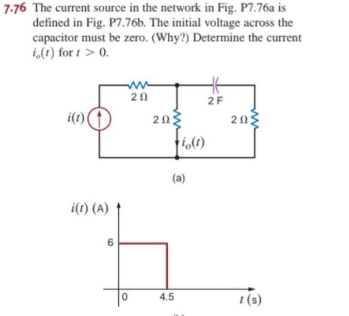 7.76 The current source in the network in Fig. P7.76a is
defined in Fig. P7.76b. The initial voltage across the
capacitor must be zero. (Why?) Determine the current
i(t) for t > 0.
i(t)
i(t) (A)
6
0
20
20}
2 Ω
vio(t)
(a)
4.5
2 F
ΖΩ
t(s)