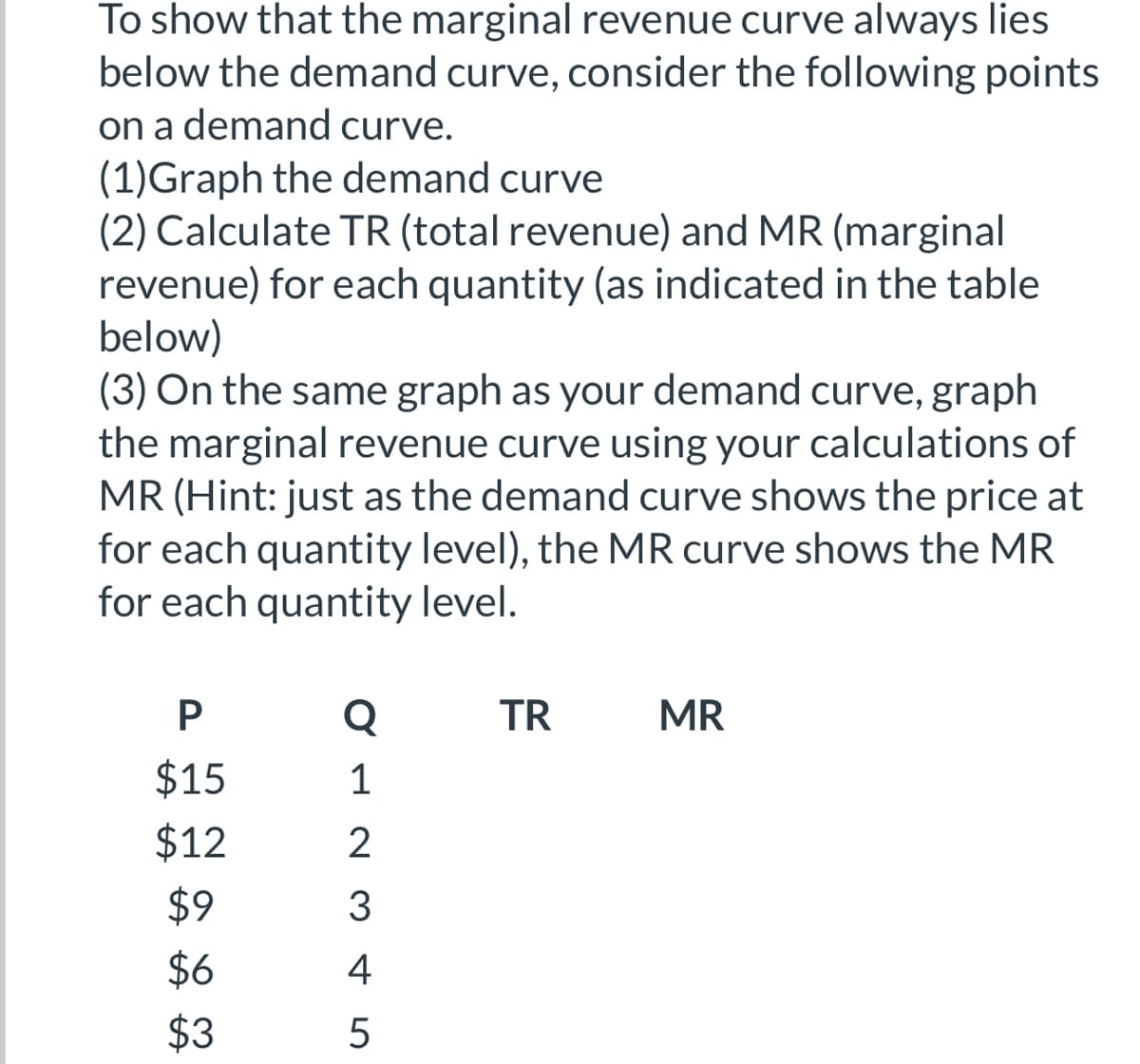 To show that the marginal revenue curve always lies
below the demand curve, consider the following points
on a demand curve.
(1) Graph the demand curve
(2) Calculate TR (total revenue) and MR (marginal
revenue) for each quantity (as indicated in the table
below)
(3) On the same graph as your demand curve, graph
the marginal revenue curve using your calculations of
MR (Hint: just as the demand curve shows the price at
for each quantity level), the MR curve shows the MR
for each quantity level.
P
$15
$12
$9
$6
$3
Q
1
2
3
345
4
TR
MR