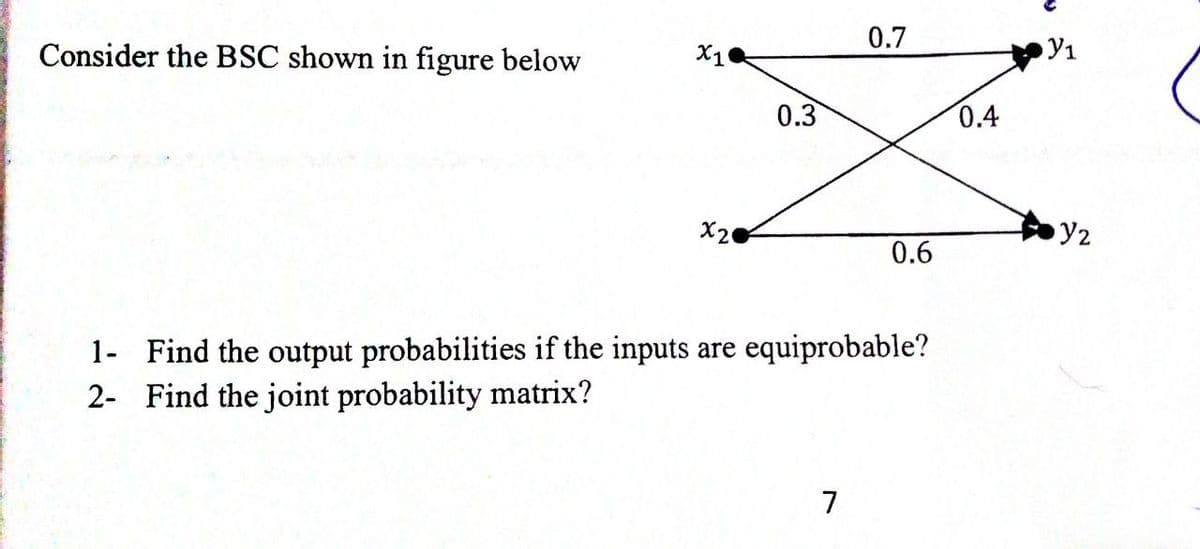 Consider the BSC shown in figure below
X1
X2
0.3
0.7
7
0.6
1- Find the output probabilities if the inputs are equiprobable?
2- Find the joint probability matrix?
0.4
У1
Y₂
