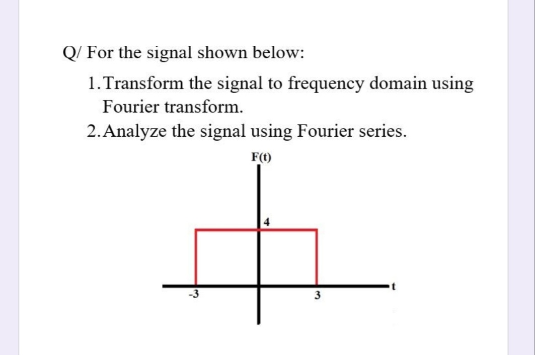 Q/ For the signal shown below:
1.Transform the signal to frequency domain using
Fourier transform.
2. Analyze the signal using Fourier series.
F(t)
-3
3
