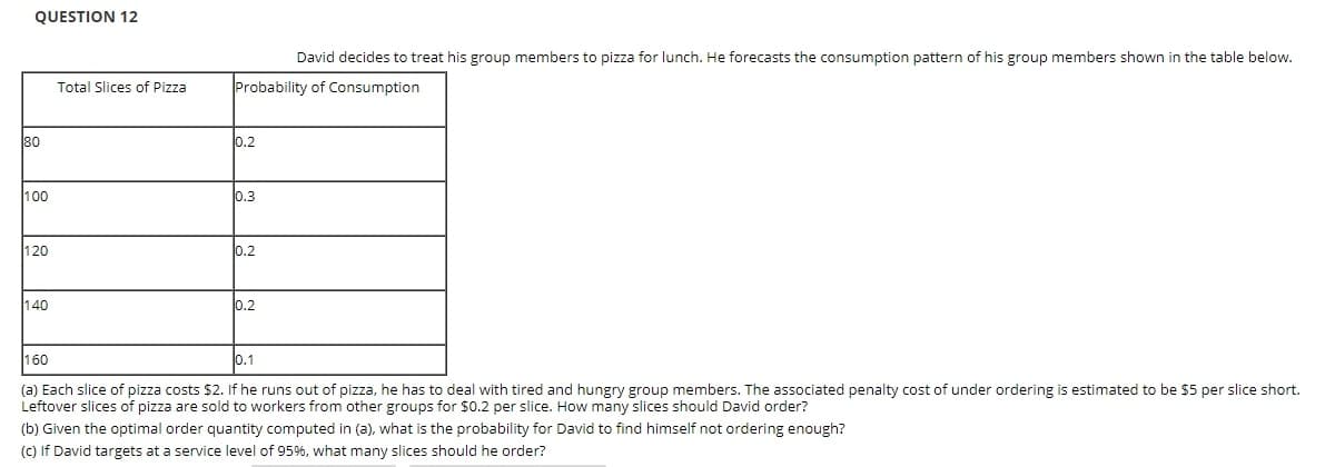 QUESTION 12
David decides to treat his group members to pizza for lunch. He forecasts the consumption pattern of his group members shown in the table below.
Total Slices of Pizza
Probability of Consumption
80
0.2
100
0.3
120
0.2
140
0.2
160
0.1
(a) Each slice of pizza costs $2. If he runs out of pizza, he has to deal with tired and hungry group members. The associated penalty cost of under ordering is estimated to be $5 per slice short.
Leftover slices of pizza are sold to workers from other groups for $0.2 per slice. How many slices should David order?
(b) Given the optimal order quantity computed in (a), what is the probability for David to find himself not ordering enough?
(C) If David targets at a service level of 95%, what many slices should he order?
