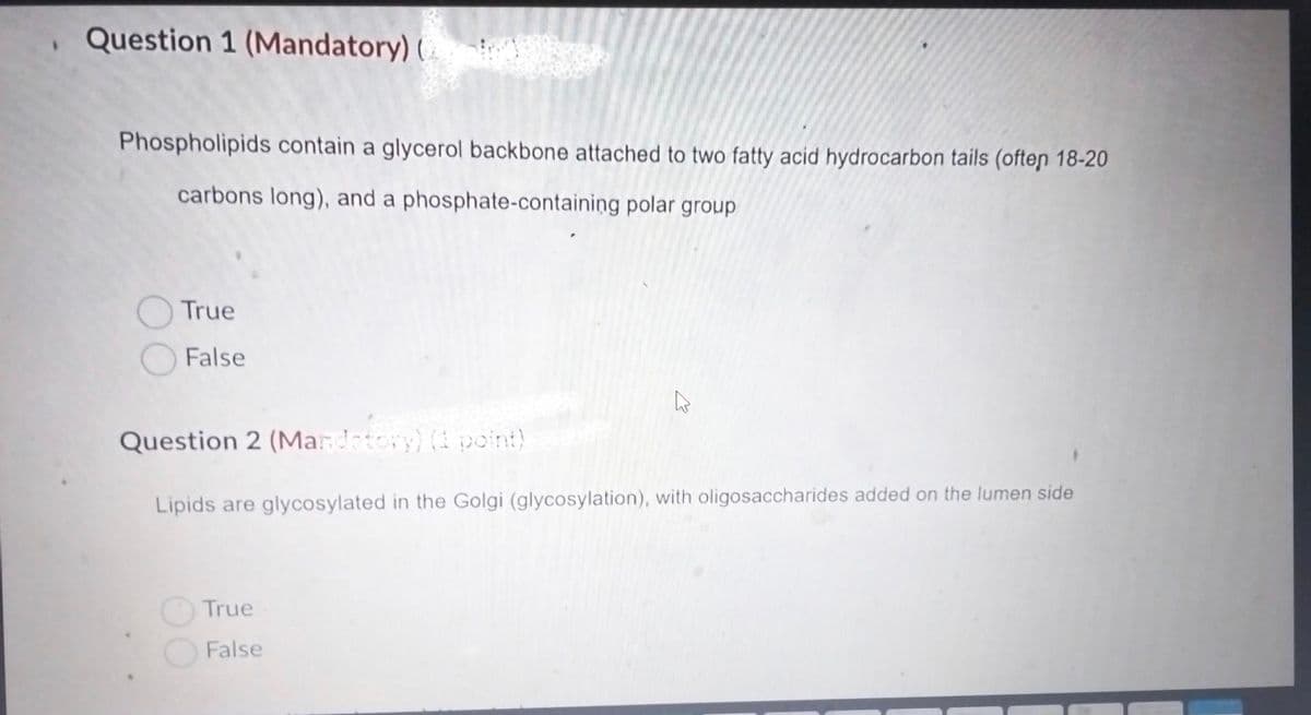 Question 1 (Mandatory) (
Phospholipids contain a glycerol backbone attached to two fatty acid hydrocarbon tails (often 18-20
carbons long), and a phosphate-containing polar group
True
False
Question 2 (Mandatory) (1 point)
Lipids are glycosylated in the Golgi (glycosylation), with oligosaccharides added on the lumen side
True
False