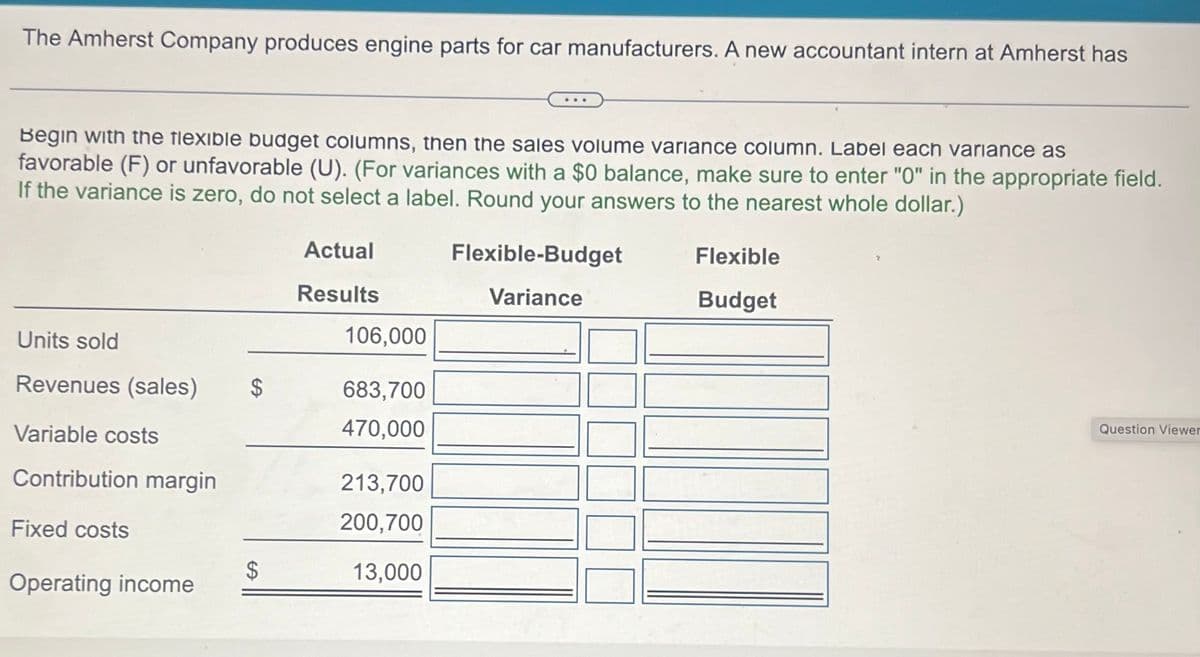 The Amherst Company produces engine parts for car manufacturers. A new accountant intern at Amherst has
Begin with the flexible budget columns, then the sales volume variance column. Label each variance as
favorable (F) or unfavorable (U). (For variances with a $0 balance, make sure to enter "0" in the appropriate field.
If the variance is zero, do not select a label. Round your answers to the nearest whole dollar.)
Actual
Flexible-Budget
Results
Variance
Units sold
106,000
Revenues (sales)
$
683,700
470,000
Variable costs
Contribution margin
213,700
200,700
Fixed costs
$
13,000
Operating income
Flexible
Budget
Question Viewer