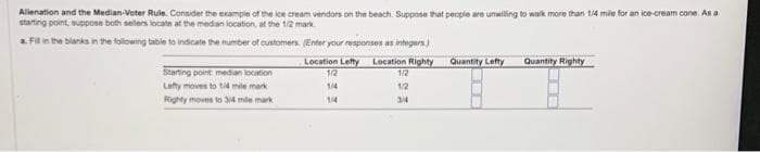 Alienation and the Median-Voter Rule. Consider the example of the ice cream vendors on the beach. Suppose that people are unwilling to walk more than 1/4 mile for an ice-cream cone. As a
starting point, suppose both sellers locate at the median location, at the 1/2 mark
a. Fill in the blanks in the following table to indicate the number of customers. (Enter your responses as integers.)
Starting point median location
Lefty moves to 1/4 mile mark
Righty moves to 3/4 mile mark
Location Lefty Location Righty
Quantity Lefty Quantity Righty
12
1/2
1/4
1/2
1/4
3/4