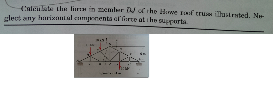 Calculate the force in member DJ of the Howe roof truss illustrated. Ne-
glect any horizontal components of force at the supports.
10 kN
B
L
10 kN 1
C
D
2
KII J I
E
6 panels at 4 m
F
H
10 kN
#
6 m
G