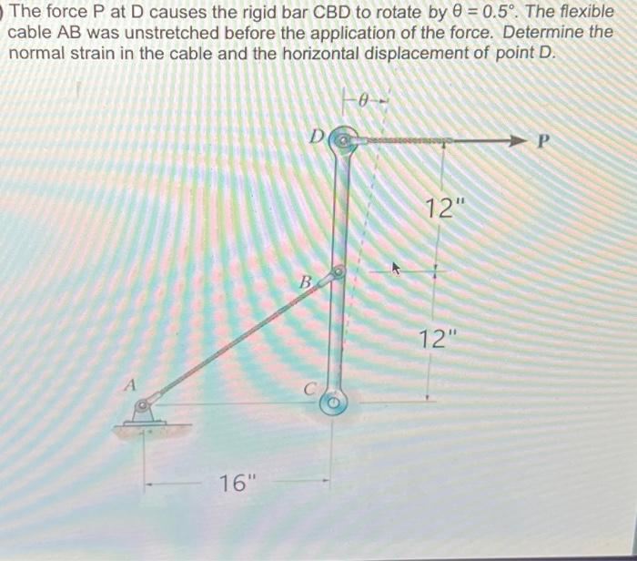 The force P at D causes the rigid bar CBD to rotate by 0 = 0.5°. The flexible
cable AB was unstretched before the application of the force. Determine the
normal strain in the cable and the horizontal displacement of point D.
A
16"
D
B
C
-0--
12"
12"
P
