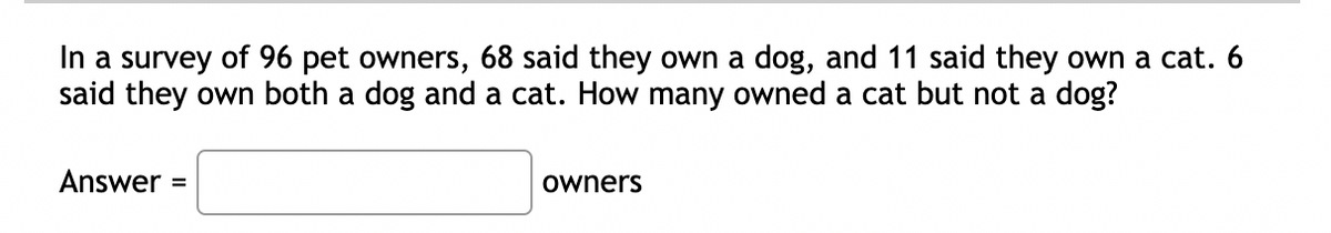 In a survey of 96 pet owners, 68 said they own a dog, and 11 said they own a cat. 6
said they own both a dog and a cat. How many owned a cat but not a dog?
Answer
owners
