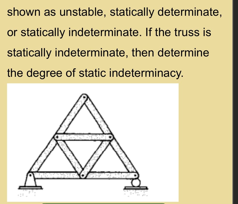 shown as unstable, statically determinate,
or statically indeterminate. If the truss is
statically indeterminate, then determine
the degree of static indeterminacy.
