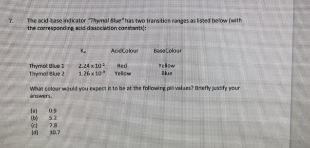 The acid-base indicator "Thymol Blue" has two transition ranges as listed below (with
the corresponding acid dissociation constants):
7.
Ka
AcidColour
BaseColour
Thymol Blue 1
Thymol Blue 2
2.24 x 102
Red
Yellow
1.26 x 10
Yellow
Blue
What colour would you expect it to be at the following pH values? Briefly justify your
answers.
(a)
(b)
(c)
(d)
0.9
5.2
7.8
10.7
