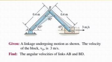 04 m
0.4 m
90
3 m/s
Given: A linkage undergoing motion as shown. The velocity
of the block, vp. is 3 m/s.
Find: The angular velocities of links AB and BD.
