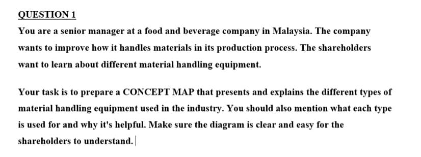 QUESTION 1
You are a senior manager at a food and beverage company in Malaysia. The company
wants to improve how it handles materials in its production process. The shareholders
want to learn about different material handling equipment.
Your task is to prepare a CONCEPT MAP that presents and explains the different types of
material handling equipment used in the industry. You should also mention what each type
is used for and why it's helpful. Make sure the diagram is clear and easy for the
shareholders to understand. |