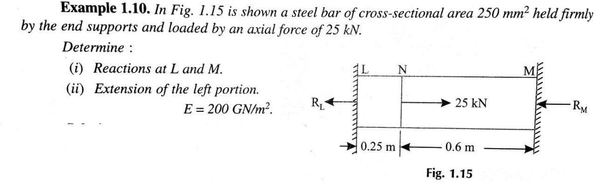 Example 1.10. In Fig. 1.15 is shown a steel bar of cross-sectional area 250 mm? held firmly
by the end supports and loaded by an axial force of 25 kN.
Determine :
(i) Reactions at L and M.
L
(ii) Extension of the left portion.
E = 200 GN/m²?.
R
25 kN
RM
0.25 m
0.6 m
Fig. 1.15
