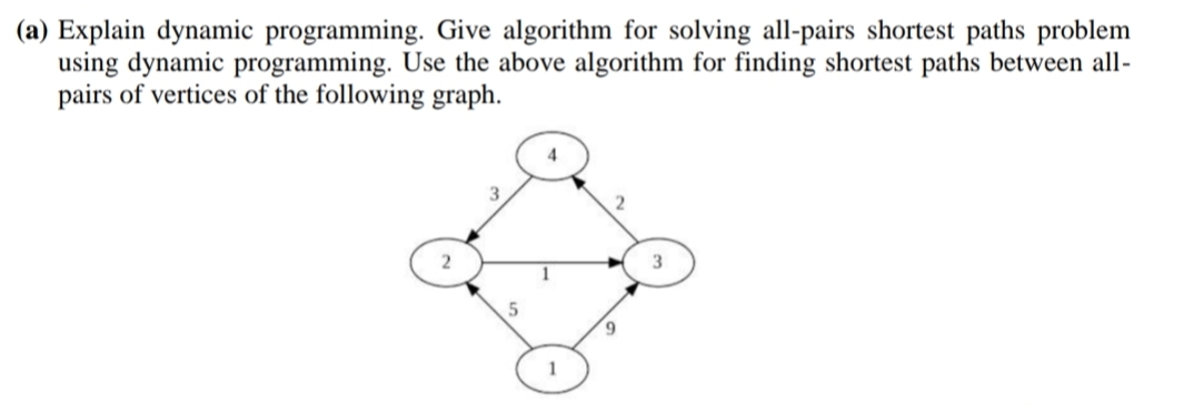 (a) Explain dynamic programming. Give algorithm for solving all-pairs shortest paths problem
using dynamic programming. Use the above algorithm for finding shortest paths between all-
pairs of vertices of the following graph.
4
3
2
1
6.
