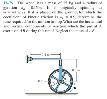 17-75. The wheel has a mass of 25 kg and a radius of
gyration kg = 0.15 m. It is originally spinning at
w = 40 rad/s. If it is placed on the ground, for which the
coefficient of kinetic friction is µc = 0.5, determine the
time required for the motion to stop. What are the horizontal
and vertical components of reaction which the pin at A
exerts on AB during this time? Neglect the mass of AB.
0.4 m
0.3 m
в
0.2 m-
