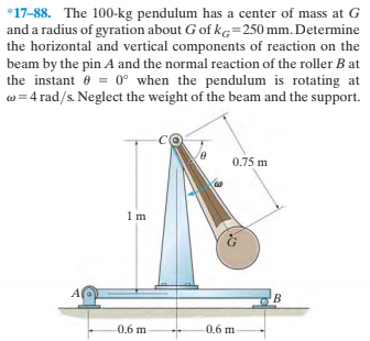 *17-88. The 100-kg pendulum has a center of mass at G
and a radius of gyration about G of kg=250 mm. Determine
the horizontal and vertical components of reaction on the
beam by the pin A and the normal reaction of the roller B at
the instant e = 0° when the pendulum is rotating at
w =4 rad/s. Neglect the weight of the beam and the support.
0.75 m
0.6 m
0.6 m
