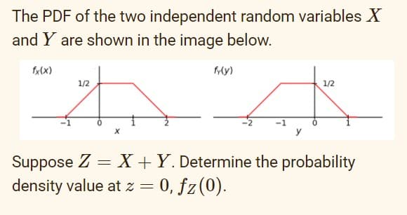 The PDF of the two independent random variables X
and Y are shown in the image below.
fx(x)
My)
1/2
1/2
Suppose Z = X +Y. Determine the probability
density value at z =
= 0, fz(0).
