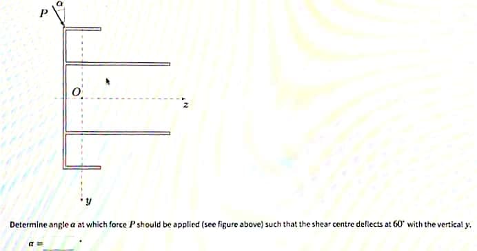 P.
Determine angle a at which force P should be applied (see figure above) such that the shear centre dellects at 60 with the vertical y.

