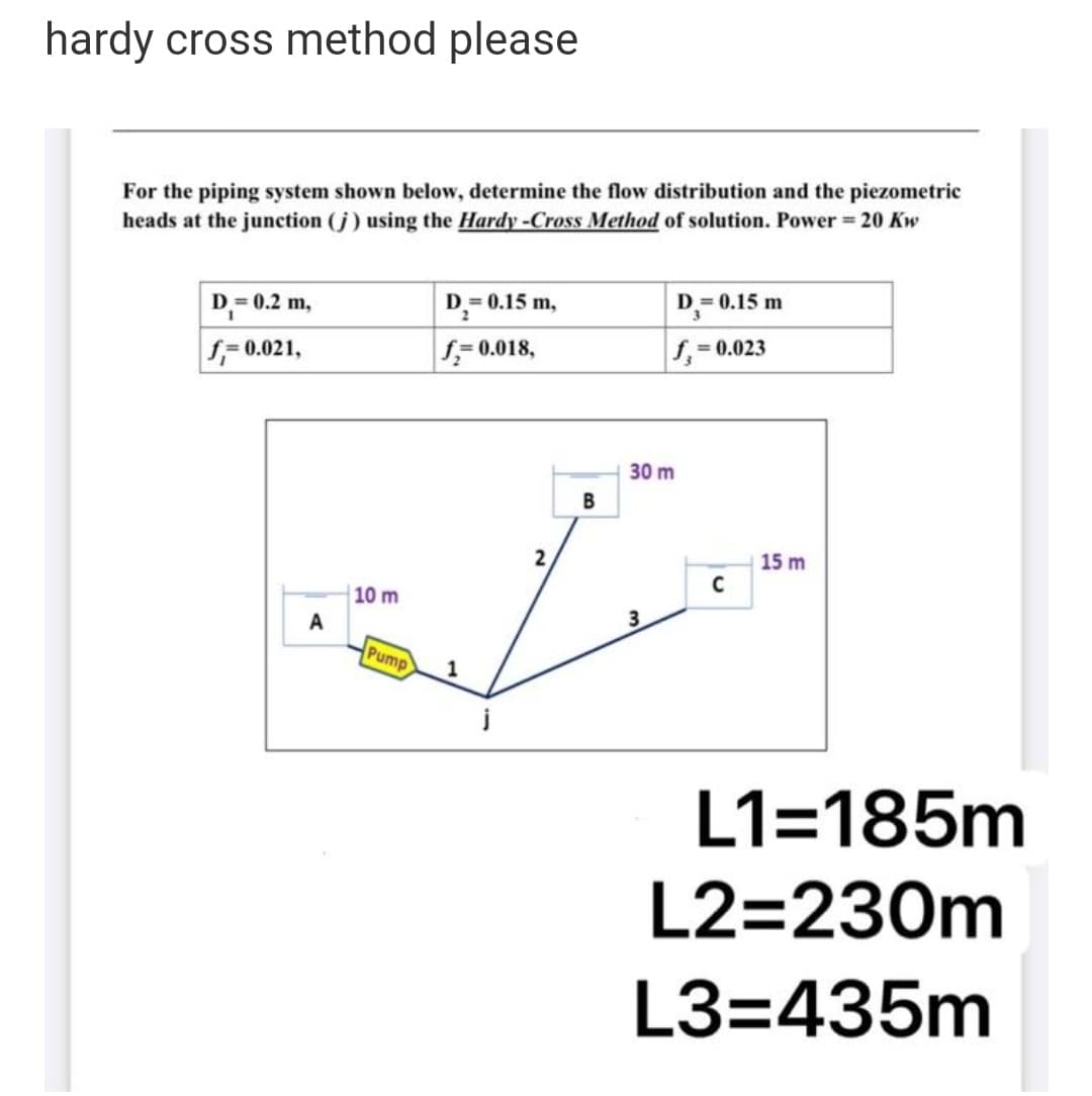 hardy cross method please
For the piping system shown below, determine the flow distribution and the piezometric
heads at the junction (j) using the Hardy-Cross Method of solution. Power 20 Kw
D= 0.2 m,
D=0.15 m,
D= 0.15 m
f- 0.021,
f,=0.018,
f,=0.023
30 m
2
15 m
10 m
A
3.
Pump
1
L1=185m
L2=230m
L3=435m
