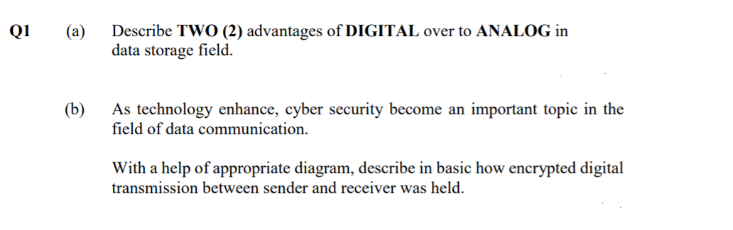 (а)
Describe TWO (2) advantages of DIGITAL over to ANALOG in
data storage field.
Q1
As technology enhance, cyber security become an important topic in the
field of data communication.
(b)
With a help of appropriate diagram, describe in basic how encrypted digital
transmission between sender and receiver was held.
