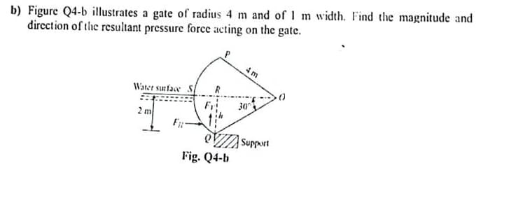 b) Figure Q4-b illustrates a gate of radius 4 m and of 1
direction of the resultant pressure force acting on the gate.
Water surface S
2 m
P
Fig. Q4-b
30
4 m
Support
width. Find the magnitude and