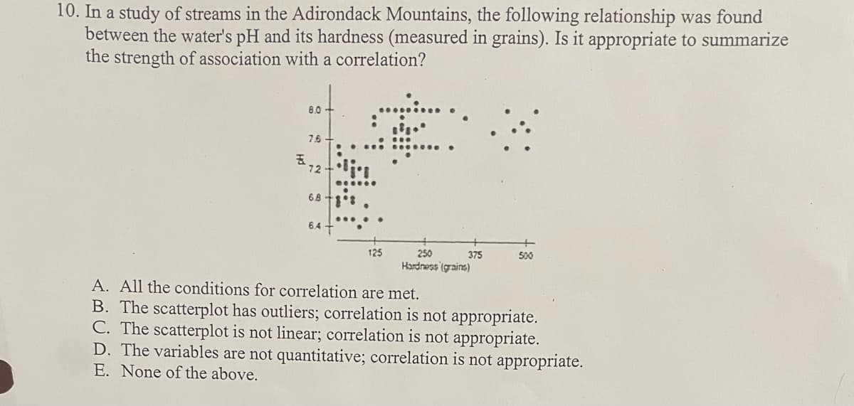 10. In a study of streams in the Adirondack Mountains, the following relationship was found
between the water's pH and its hardness (measured in grains). Is it appropriate to summarize
the strength of association with a correlation?
E
8.0
7.6
72
6.A
125
250
Hardness (grains)
375
500
A. All the conditions for correlation are met.
B. The scatterplot has outliers; correlation is not appropriate.
C. The scatterplot is not linear; correlation is not appropriate.
D. The variables are not quantitative; correlation is not appropriate.
E. None of the above.