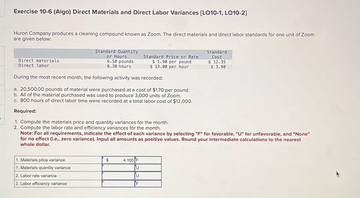 Exercise 10-6 (Algo) Direct Materials and Direct Labor Variances [LO10-1, LO10-2]
Huron Company produces a cleaning compound known as Zoom. The direct materials and direct labor standards for one unit of Zoom
are given below:
Direct materials
Direct labor
Standard Quantity
or Hours
6.50 pounds
0.30 hours
Standard Price or Rate
$ 1.90 per pound
$ 13.00 per hour
Standard
Cost
$ 12.35
$ 3.90
During the most recent month, the following activity was recorded:
a. 20,500.00 pounds of material were purchased at a cost of $1.70 per pound.
b. All of the material purchased was used to produce 3,000 units of Zoom.
c. 800 hours of direct labor time were recorded at a total labor cost of $12,000.
Required:
1. Compute the materials price and quantity variances for the month.
2. Compute the labor rate and efficiency variances for the month.
Note: For all requirements, Indicate the effect of each variance by selecting "F" for favorable, "U" for unfavorable, and "None"
for no effect (i.e., zero variance). Input all amounts as positive values. Round your intermediate calculations to the nearest
whole dollar.
1. Materials price variance
$
4,100 F
1. Materials quantity variance
U
2. Labor rate variance 4
U
2. Labor efficiency variance
IF