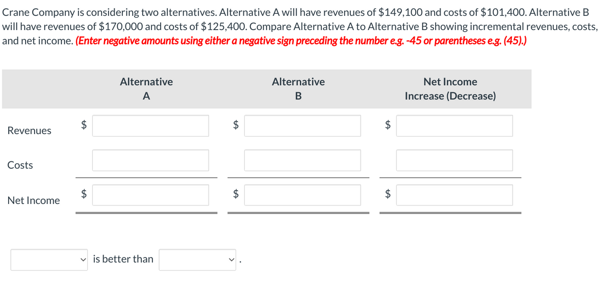 Crane Company is considering two alternatives. Alternative A will have revenues of $149,100 and costs of $101,400. Alternative B
will have revenues of $170,000 and costs of $125,400. Compare Alternative A to Alternative B showing incremental revenues, costs,
and net income. (Enter negative amounts using either a negative sign preceding the number e.g. -45 or parentheses e.g. (45).)
Revenues
Costs
Net Income
$
Alternative
A
is better than
Alternative
B
Net Income
Increase (Decrease)