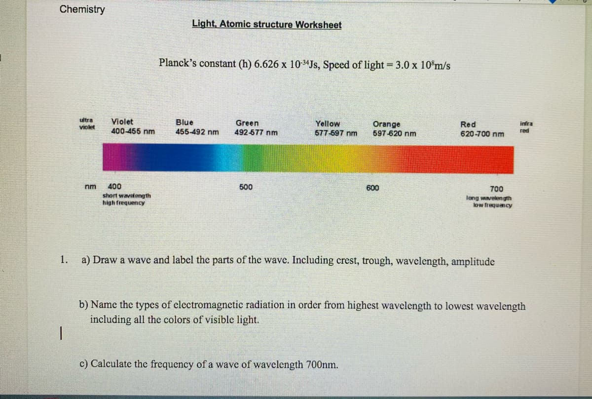 Chemistry
Light, Atomic structure Worksheet
Planck's constant (h) 6.626 x 10-34Js, Speed of light 3.0 x 10%m/s
%3D
ultra
violet
Violet
400-455 nm
Blue
455-492 nm
Green
492-577 nm
Yellow
577-597 nm
Orange
597-620 nm
infra
Red
620-700 nm
red
nm
400
500
600
short wavel ength
high frequency
700
long wavelength
low frequency
1.
a) Draw a wave and label the parts of the wave. Including crest, trough, wavelength, amplitude
b) Name the types of electromagnetic radiation in order from highest wavelength to lowest wavelength
including all the colors of visible light.
c) Calculate the frequency of a wave of wavelength 700nm.

