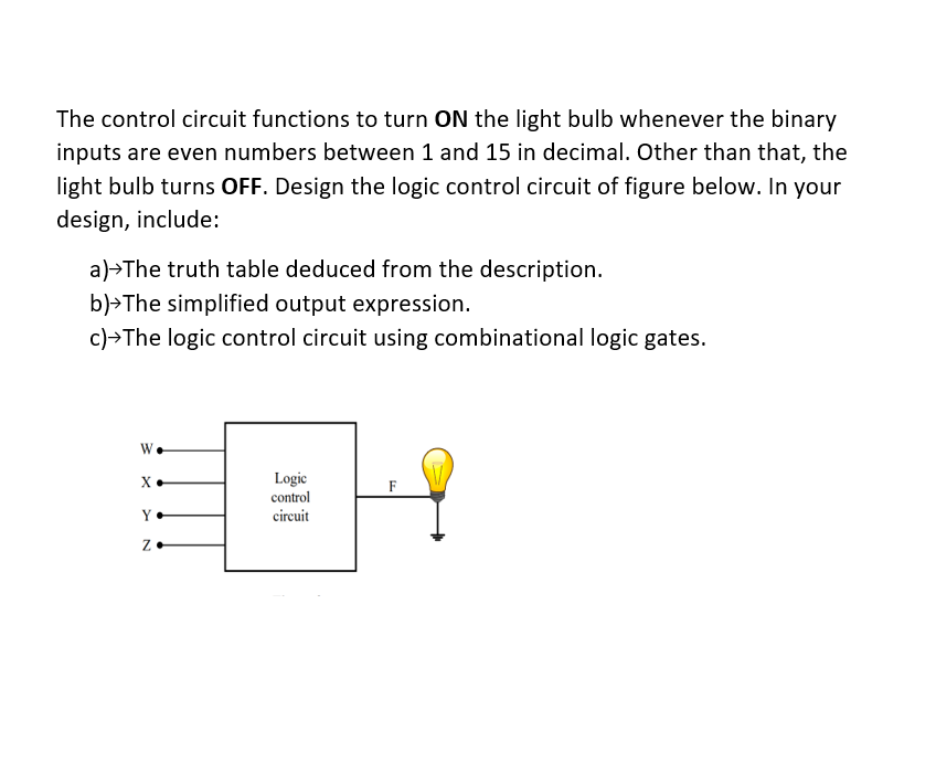 The control circuit functions to turn ON the light bulb whenever the binary
inputs are even numbers between 1 and 15 in decimal. Other than that, the
light bulb turns OFF. Design the logic control circuit of figure below. In your
design, include:
a)>The truth table deduced from the description.
b)>The simplified output expression.
c)>The logic control circuit using combinational logic gates.
W
Logic
control
X
F
Y•
circuit
> N
