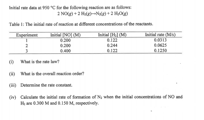 Initial rate data at 950 °C for the following reaction are as follows:
2 NO(g) + 2 H2(g)→N2(g)+2 H2O(g)
Table 1: The initial rate of reaction at different concentrations of the reactants.
Initial [NO] (M)
0.200
0.200
0.400
Initial [H2] (M)
0.122
0.244
Initial rate (M/s)
0.0313
Experiment
1
2
0.0625
3
0.122
0.1250
(i)
What is the rate law?
(ii) What is the overall reaction order?
(iii) Determine the rate constant.
(iv) Calculate the initial rate of formation of N2 when the initial concentrations of NO and
H2 are 0.300 M and 0.150 M, respectively.
