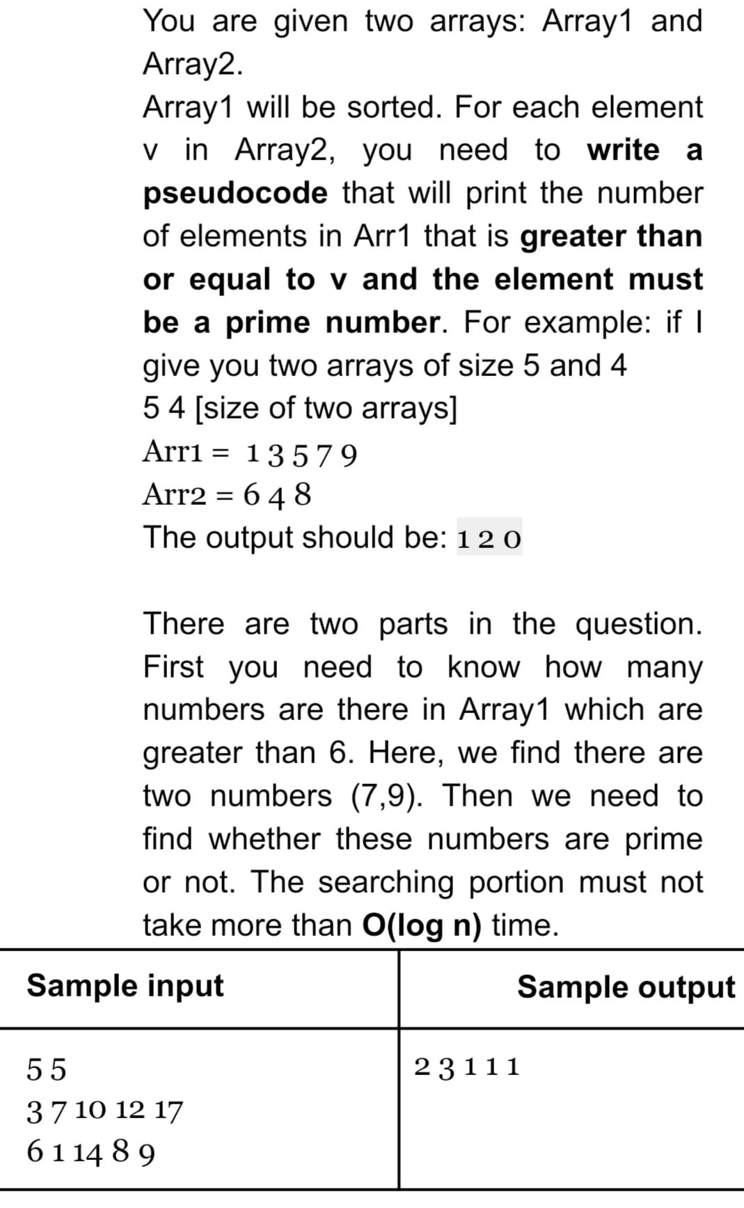 You are given two arrays: Array1 and
Array2.
Array1 will be sorted. For each element
v in Array2, you need to write a
pseudocode that will print the number
of elements in Arr1 that is greater than
or equal to v and the element must
be a prime number. For example: if I
give you two arrays of size 5 and 4
5 4 [size of two arrays]
Arri = 13579
Arr2 = 6 4 8
The output should be: 12 o
There are two parts in the question.
First you need to know how many
numbers are there in Array1 which are
greater than 6. Here, we find there are
two numbers (7,9). Then we need to
find whether these numbers are prime
or not. The searching portion must not
take more than O(log n) time.
Sample input
Sample output
55
23111
37 10 12 17
61 14 8 9

