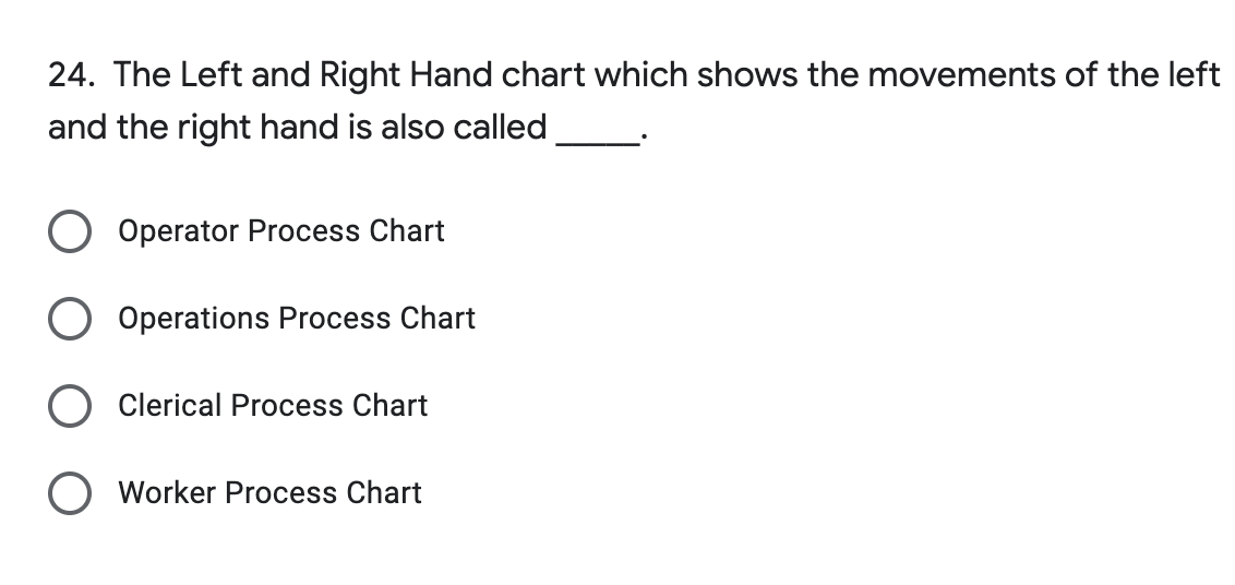 24. The Left and Right Hand chart which shows the movements of the left
and the right hand is also called
Operator Process Chart
Operations Process Chart
Clerical Process Chart
O Worker Process Chart