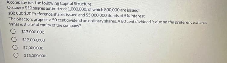 A company has the following Capital Structure:
Ordinary $10 shares authorized: 1,000,000, of which 800,000 are issued.
100,000 $20 Preference shares issued and $5,000,000 Bonds at 5% interest
The directors propose a 50 cent dividend on ordinary shares. A 80 cent dividend is due on the preference shares
What is the total equity of the company?
$17,000,000
$12,000,000
$7,000,000
$15,000,000