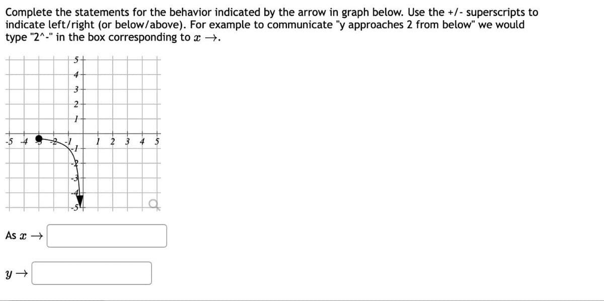 Complete the statements for the behavior indicated by the arrow in graph below. Use the +/- superscripts to
indicate left/right (or below/above). For example to communicate "y approaches 2 from below" we would
type "2^-" in the box corresponding to x →.
5+
4
3
2
As x →
y→
2 3 4 5