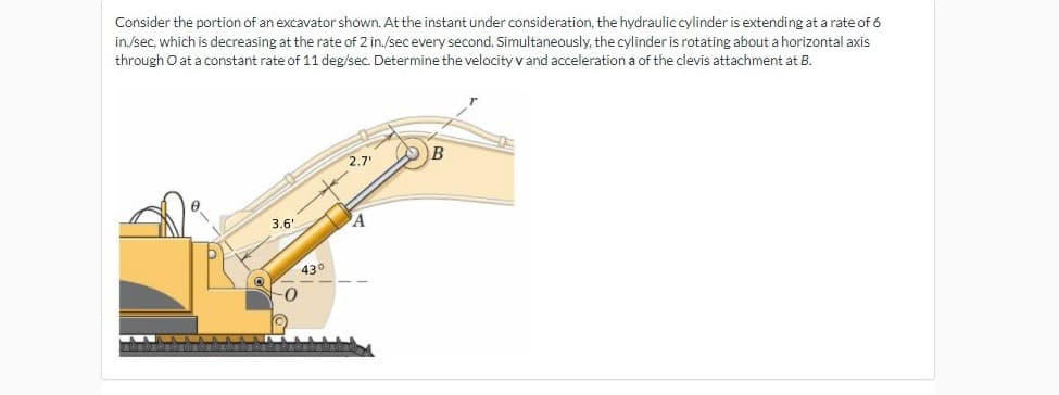 Consider the portion of an excavator shown. At the instant under consideration, the hydraulic cylinder is extending at a rate of 6
in./sec, which is decreasing at the rate of 2 in./secevery second. Simultaneously, the cylinder is rotating about a horizontal axis
through O at a constant rate of 11 deg/sec. Determine the velocity v and acceleration a of the clevis attachment at B.
2.7
3.6'
430
